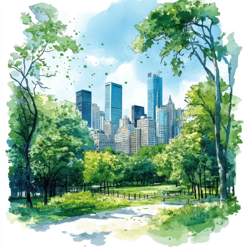 watercolor-painting-city-skyline-viewed-park-lush-green-trees-frame-scene-path-leading-towards-buildings-style-382208288